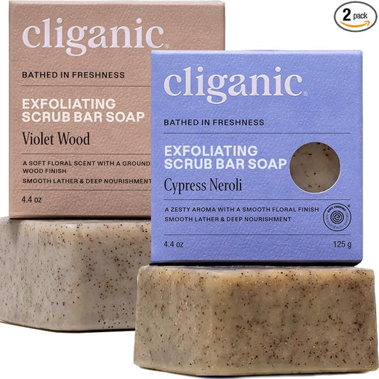 Cliganic Exfoliating Bar Soap For Men & Women – Body Scrub Soap with 98% Natural Ingredients Cleanses, Smooths & Revitalizes Skin, Moisturizing Soap Bar- Cypress Neroli & Violet Wood Scents (2 Pack)