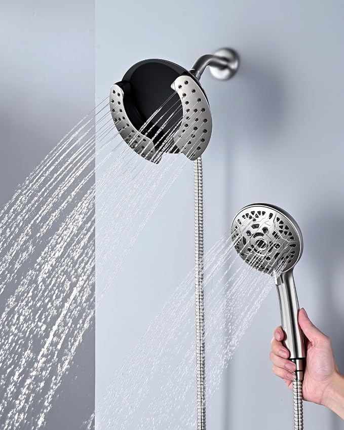 INAVAMZ Shower Head with Handheld High Pressure: Hand Held Shower Head & Rain Shower Head 2-IN-1 Shower Head with 59" Rotatable Stainless Steel Hose, Shower Trim Systems, Nickel Round 2.5 GPM