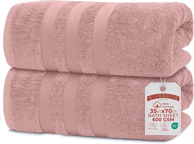 RIVERSIDE Pack of 2 Extra Large Bath Sheets 35 x 70 Inches, 100% Ring Spun Cotton, Hotel Quality, Oversized Bath Towels, Super Soft, Highly Absorbent & Quicker to Dry, Dusty Rose