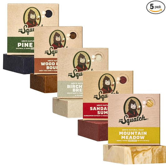 Dr. Squatch Natural Men’s Bar Soap - Cold Process Body Soap Bar with Natural Oils - Gifts for Men - Sandalwood Summit, Pine Tar, Birchwood Breeze, Wood Barrel Bourbon & Mountain Meadow (5 oz, 5-Pack)