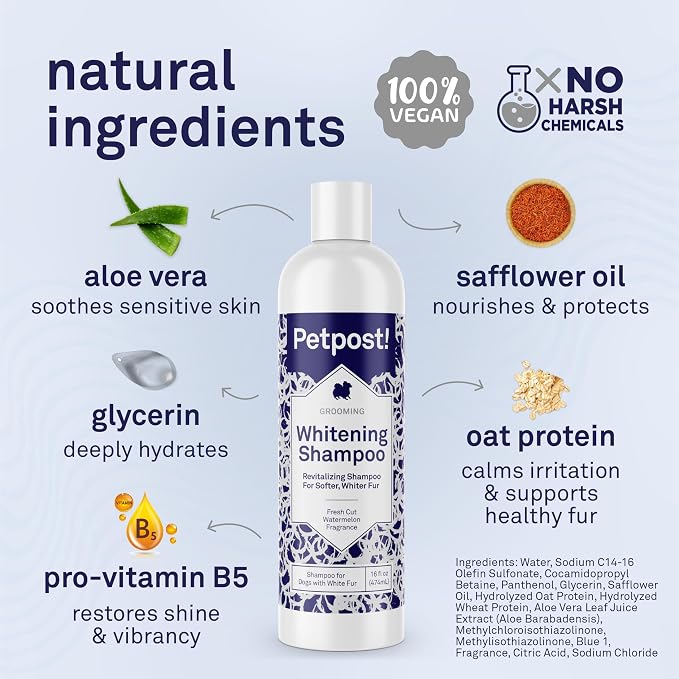 Petpost | Dog Whitening Shampoo with Coconut Oil & Aloe. Brightens White & Light Coats, Moisturizes Skin. Watermelon Scent. 16 oz