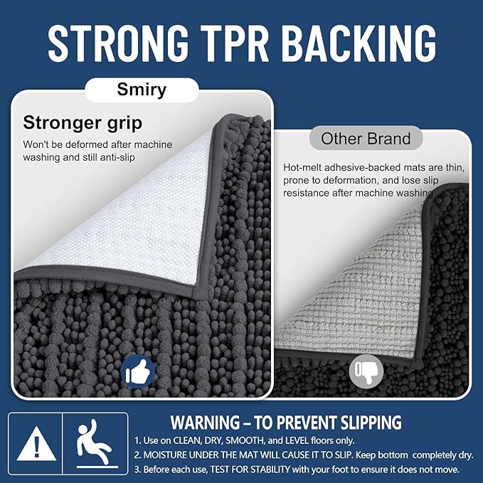 Smiry Bathroom Rugs Mat 50x30, Extra Soft Absorbent Chenille Bath Rugs, Non Slip Rubber Backing Machine Washable Quick Dry Bath Mats for Bathroom Floor, Tub, Shower, Home Decor Accessories, Dark Grey