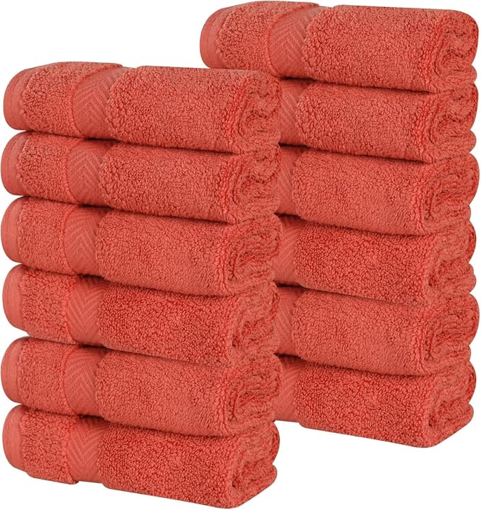 Superior Cotton Face Towel/Washcloth Set, Small Facial Towels, Spa, Hotel, Guest, Home, Bathroom Basics, Plush Soft Absorbent, Luxury Quick Drying, Zero Twist Collection, Set of 12, Brick