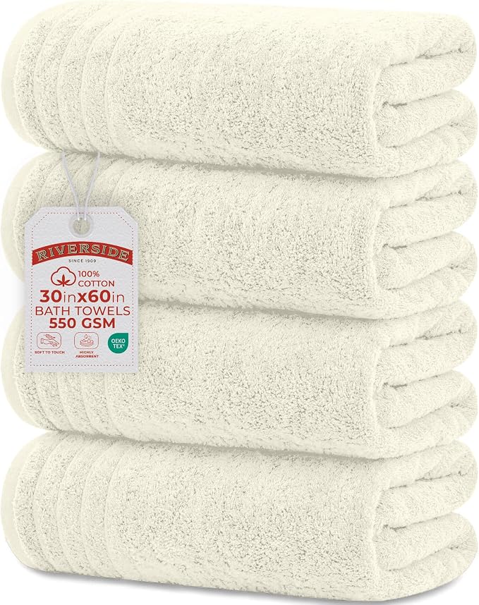 RIVERSIDE Pack of 4 Premium Extra Large Bath Towels 30 x 60 Inches, 100% Cotton, Super Soft & Highly Absorbent, Larger & Lighter Weight, Quicker to Dry, Perfect for Bathroom, Ivory