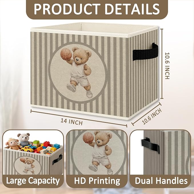 Basketball Bear Nursery Foldable Storage Bins Box with Handles, Neutral Striped Basketball Player Bear Collapsible Organizer Basket for Boys Kids Bedroom Bathroom Playroom Clothes Books