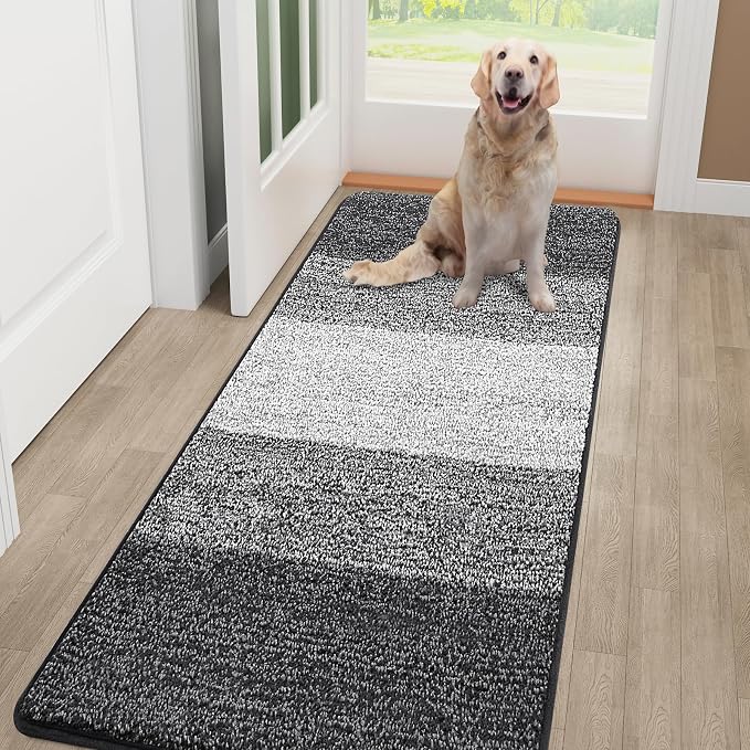 Smiry Dog Door Mat for Muddy Paws, Absorbs Moisture and Dirt, Low-Profile Entryway Mat with Non-Slip Backing, Entry Indoor Outdoor Doormat for Inside Floor (59x32 Inches, Grey, Striped)