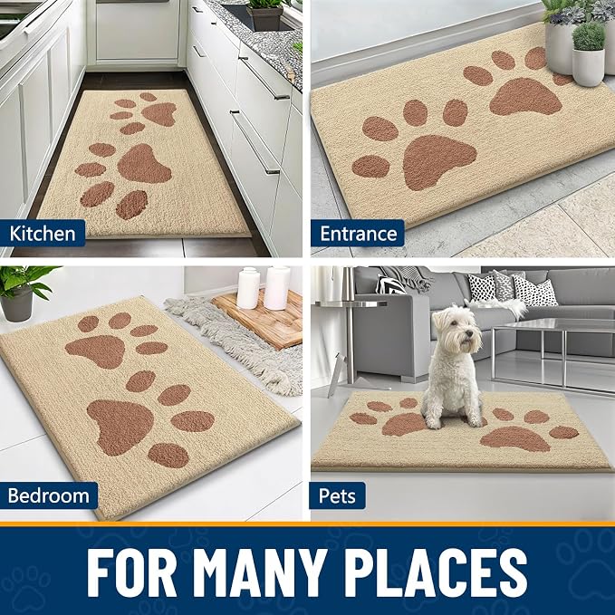 Smiry Dog Door Mat for Muddy Paws, Absorbs Moisture and Dirt, Low-Profile Entryway Mat with Non-Slip Backing, Entry Indoor Outdoor Doormat for Inside Floor (40x32 Inches, Light Beige, Paw)