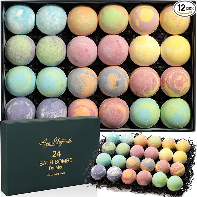 Aqua Elegante Luxury Bath Bombs for Men - Gift Set of 24 Fizzy Bathbombs with Essential Oils, Shea Butter, Coconut Oil - No Stain, Natural, Vegan Moisturizing Spa Present for Dad, Husband, Boyfriend