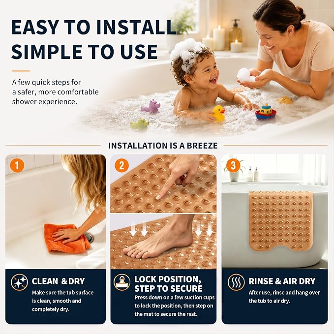 Yimobra Non Slip Bathtub Mat 40 x 16 Inch, Extra Long Shower Mat with Drain Holes, Machine Washable Baby Bath Mats, Strong Suction Cups for Bathroom Floor, Clear Brown