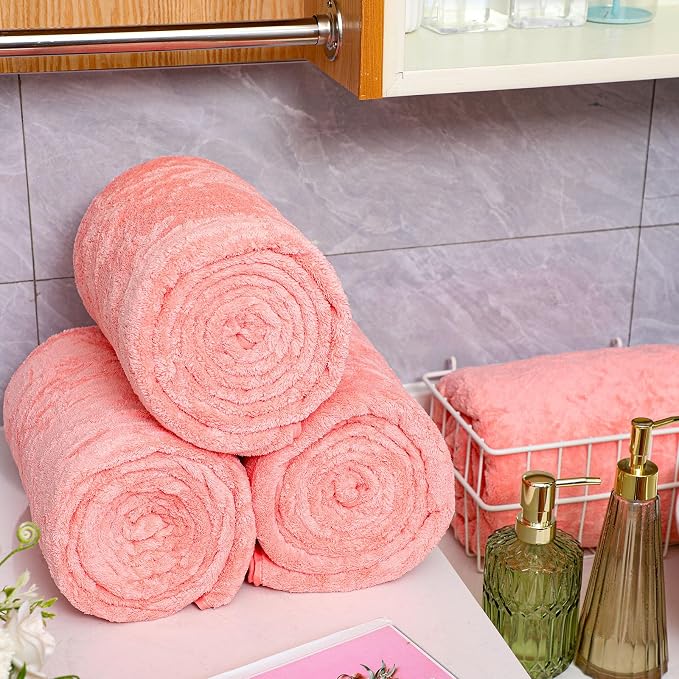 Preboun 4 Pcs Oversized Fleece Bath Towels, 40 x 80 Inch Bath Sheets Extra Large Microfiber Coral Velvet Highly Absorbent Towels 350gsm High Density Towel for Adults Home Beach (Pink)
