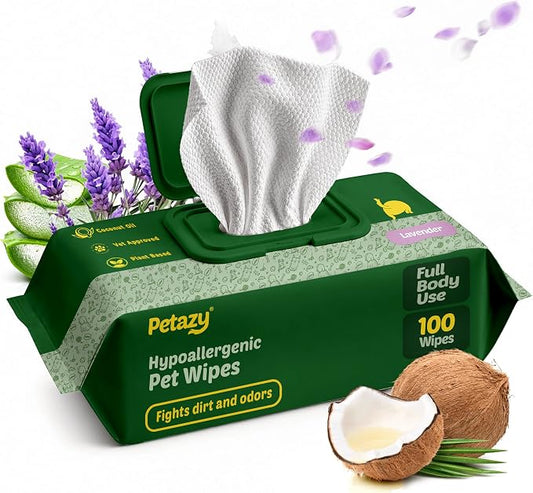Petazy Pet Wipes for Dogs and Cats – 100 Count (8x8in) Hypoallergenic, Deodorizing Dog Wipes for Paws, Ears and Butt | XL with Aloe & Coconut oil, Lavender Scented | Travel Size, Single On-the-Go Pack
