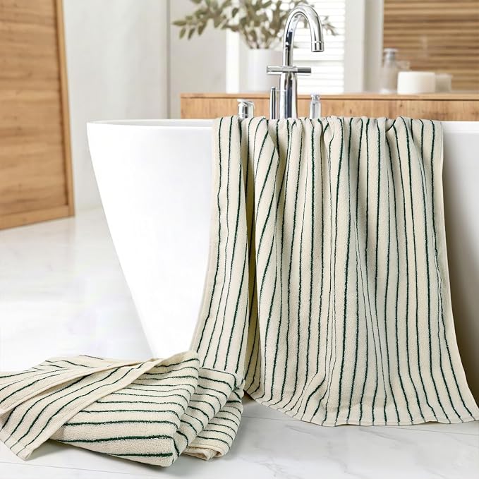 Jacquotha Green Striped Bath Towels Set of 2, Lighter & Quick Dry Towels Large 27.5 x 55 inches, Farmhouse for Bathroom Decor, Shower, Pool Days
