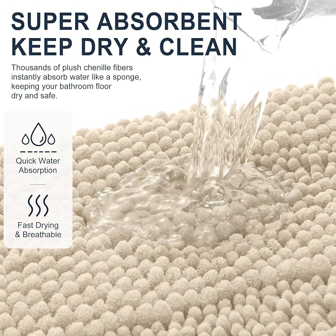 Smiry Thick Chenille Bathroom Runner Rugs 47x20, Extra Absorbent Striped Bath Mat, Machine Washable, Rubber Backing, Long Bath Rugs for Tub & Shower, Modern Home Decor Accessories, Sand