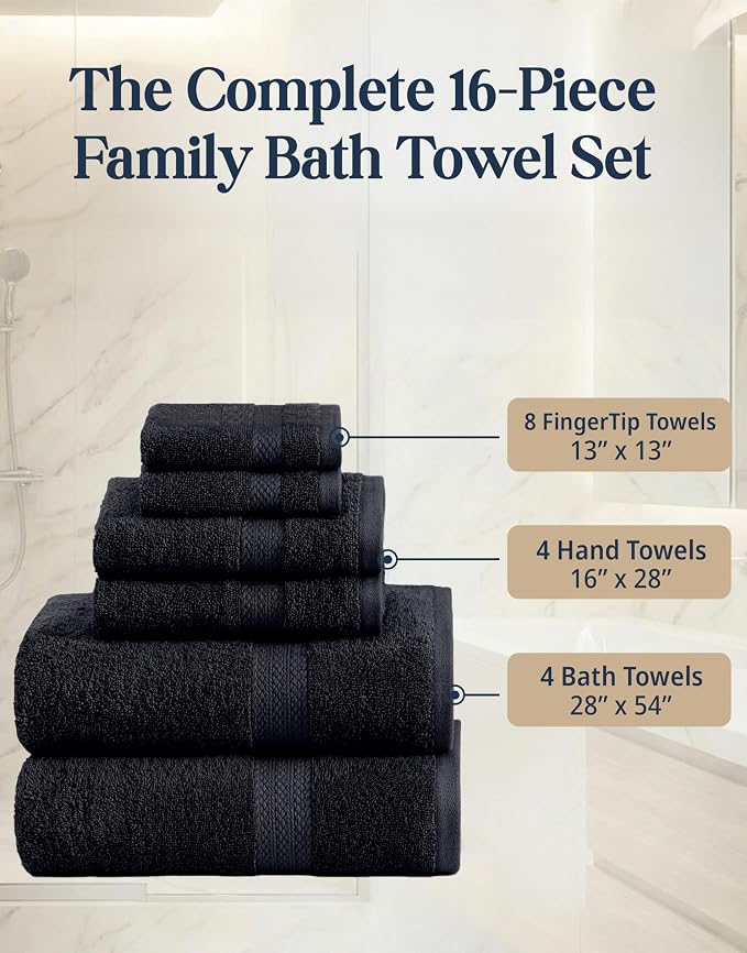 LANE LINEN 100% Cotton Towel Set for Bathroom - 16 Piece - Super Soft, Hotel Quality - 4 Bath, 8 Wash Cloths, 4 Hand Towels for Bathroom - Classic, Gentle on Skin, Ideal for Spa & Daily Use - Black