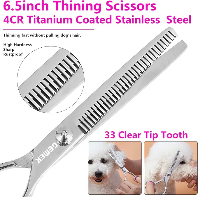 Dog Grooming Scissors Set, 4CR Stainless Steel Safety Round Tip Pet Professional Grooming Tool 5 Pieces Kit - Straight, Curved, Thinning Shears & Comb for Dogs, Cats and Other Animals