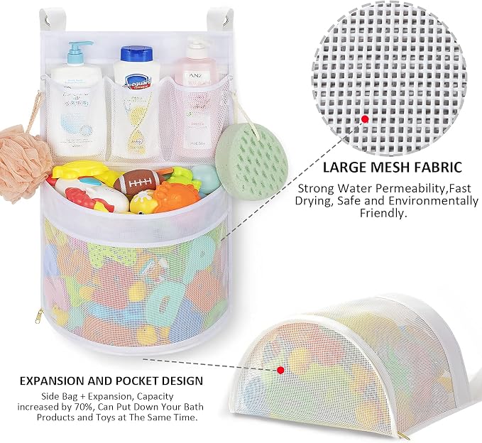 Ligereza Baby Bath Toy Organizer, quick drying， and mould proof, Multiple-Suspension Bath Toy Holder, Large Capacity Multi Use Bathtub Toy Storage Bag（1 Large, White）