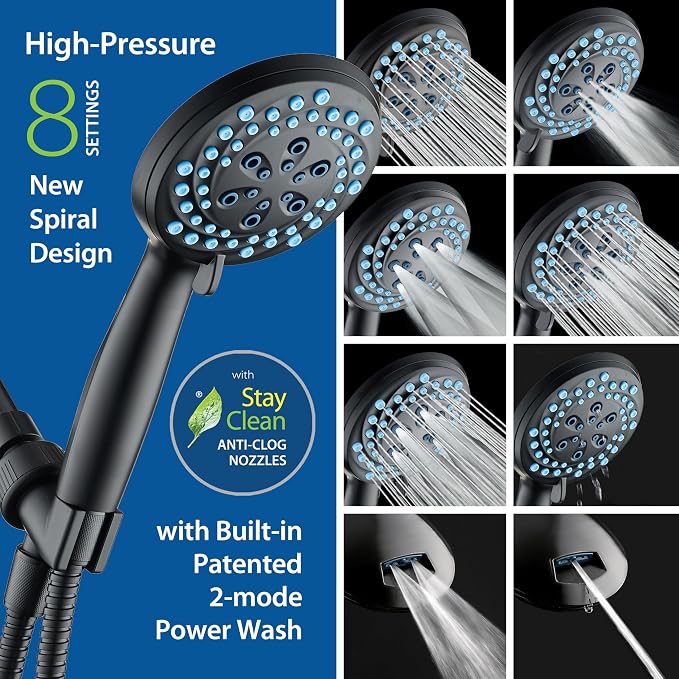 AquaCare Seen-On-TV High Pressure 8-mode Handheld Shower Head - 2-mode Power Wash to Clean Tub, Tile & Pets, Stay-Clean Nozzles, Extra Long 6 ft. Stainless Steel Hose, Wall & Overhead Brackets, Black