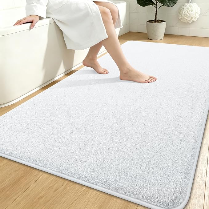 Smiry Memory Foam Bath Mat 71x47, Extra Soft Bathroom Rug, Ultra Absorbent, Quick Dry, Machine Washable Bathroom Mat for Shower, Tub & Floor Decor, White