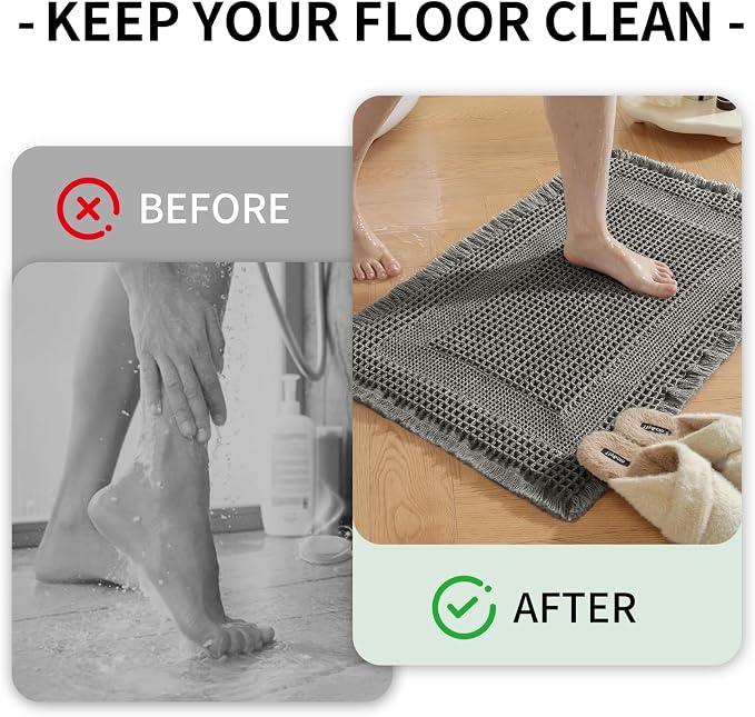 Waffle Bath Mat - Super Water Absorbing Bath Mat Quick Dry, Bathroom Rugs Non Slip Washable with Tassels, Rubber Backed Bathroom Mat for Bathroom Floor, Tub and Shower, 24" x 72", Dark Grey