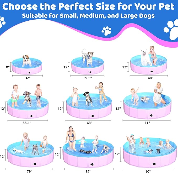 CACSPS 2025 Updated Foldable Dog Pool, 32" x 8" Kiddie Pool with Hard Plastic, Non-Slip Dog Bath Tub for Outdoor Backyard, Collapsible Dog Swimming Pool for Kids Dogs Pets (Pink)