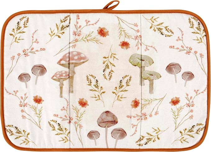 Primitives by Kathy Stylish Kitchen Drying Mat, Full Color Mushroom and Wildflower Art, 21" by 14", Folds for Easy Storage, Machine Washable, Hanger for Air Dry, Garden Themed Kitchen Accessory