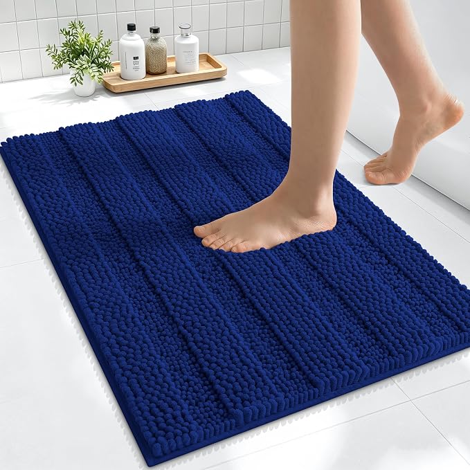 Smiry Thick Small Chenille Bathroom Rugs 24x16, Extra Soft Absorbent Striped Bath Mat, Machine Washable, Rubber Backing, Bath Rugs for Tub & Shower, Modern Home Decor Accessories, Navy