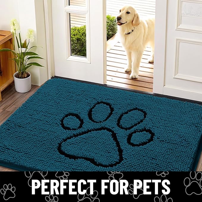 Smiry Dog Door Mat for Muddy Paws, Absorbent Dirt Trapper Non Slip Quick Dry Washable Chenille Mat for Mud Dogs, Entry Rug for Indoor and Outdoor (36x24 Inches, Atlantic Blue and Black)
