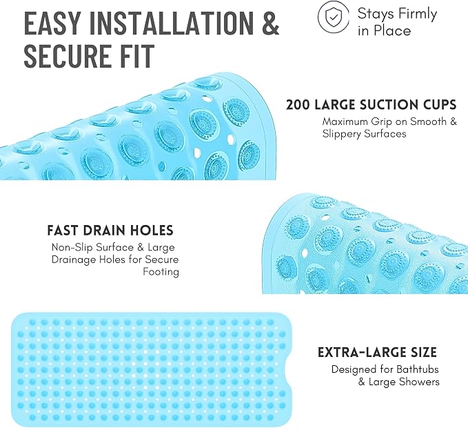 Non-Slip Bathtub Mat – 39"x15.5" Extra Long Shower Mat with Powerful Suction Cups & Drain Holes, Machine Washable Bath Mat for Tub, Foot Massage Texture, Helps Keep Tubs Clean, Clear Blue