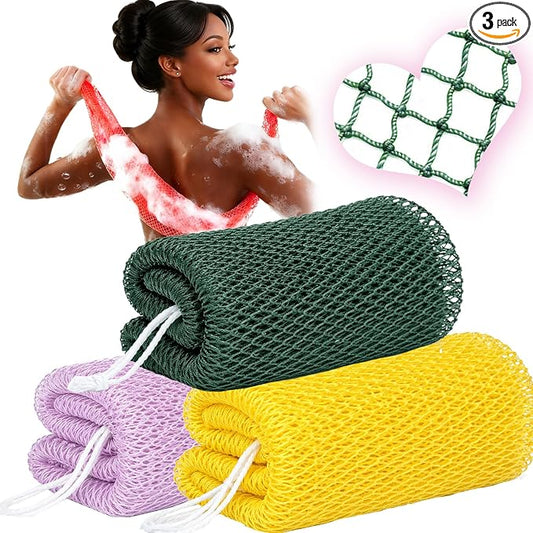 African Net Sponge Authentic, 3 Pcs Exfoliating Net Sponge for Bath, 45 Inch Long Stretch Back Scrubber for Women and Men, Exfoliating Shower Scrubber (Olive Green+Yellow+Light Purple, 3 Packs)