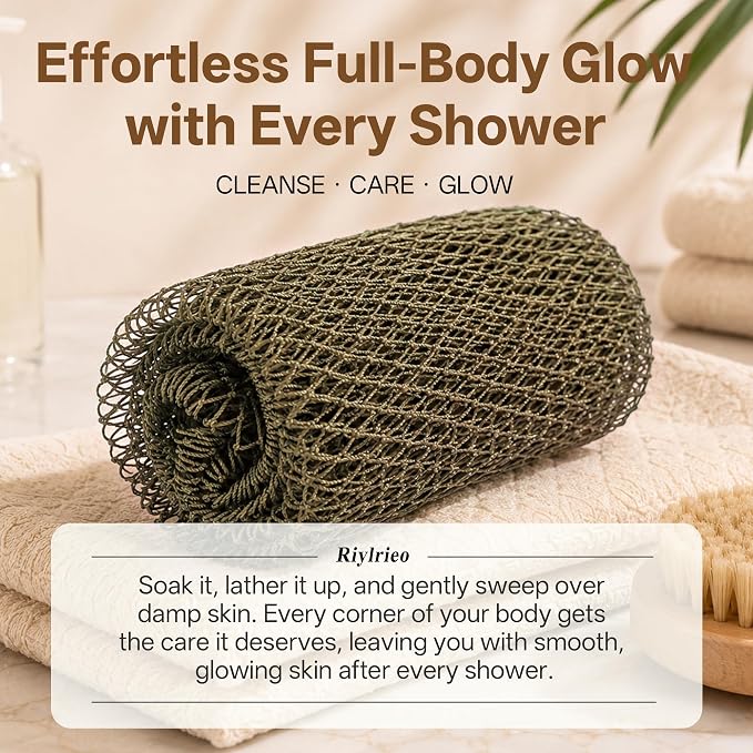 African Net Sponge for Shower, 2PCS Exfoliating Shower Sponge with Waterproof Travel Bag, Quick-Drying African Wash Cloth for Deep Cleansing & Smooth Skin (Linen & Light Brown)