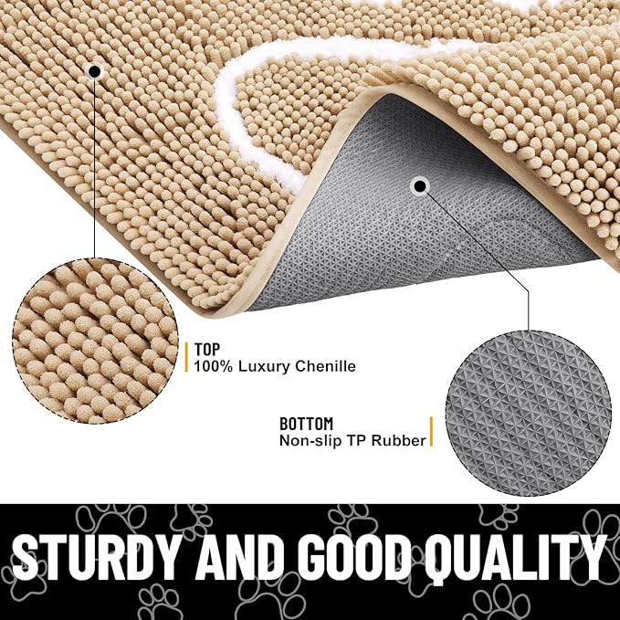 Smiry Dog Door Mat for Muddy Paws, Absorbent Dirt Trapper Non Slip Quick Dry Washable Chenille Mat for Mud Dogs, Entry Rug for Indoor and Outdoor (34x21 Inches, Beige and White)