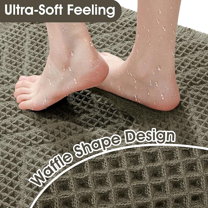 Upgraded Waffle Bath Mat Set 2 Piece Greyish Green-Herringbone, Super Absorbent Non-Slip Quick Dry Bathroom Rugs with Tassels,Machine Washable Ultra Soft Boho Bath Rugs, Bath Mats Boho Farmhouse Decor