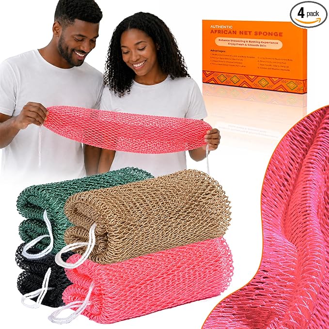 African Net Sponge Authentic, 4 Pcs Real African Exfoliating Net Sponge with Knots for Daily Shower Stretch Back Scrubber for Women Men Bath Travel Gift Gym Use (Black+Olive Green+Pink+Champagne Gold)