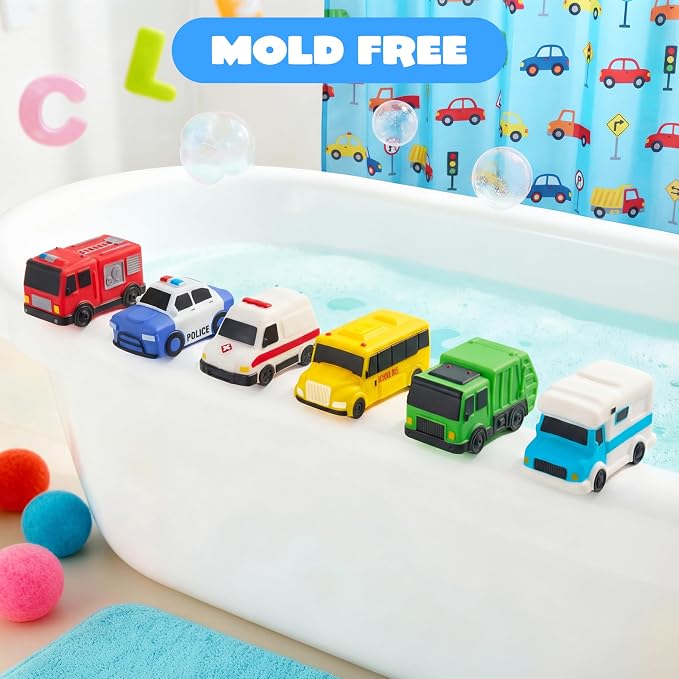 JOYIN 6 Pcs Car Bath Toys, Sealed & No-Hole & Mold Free Bathtub Toys for Kids, Non-Toxic & Soft Water Vehicles Toys, Squeezable & Float on Water, Bath & Pool Play for Boys and Girls