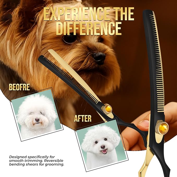 ZAVRIX Professional Dog Grooming Scissors – 7.5” Curved Thinning Shears with 34 Teeth, Pet Chunkers for Dogs & Cats, Premium 440C Stainless Steel Grooming Tools (Golden Black Curved Thinning Scissor)