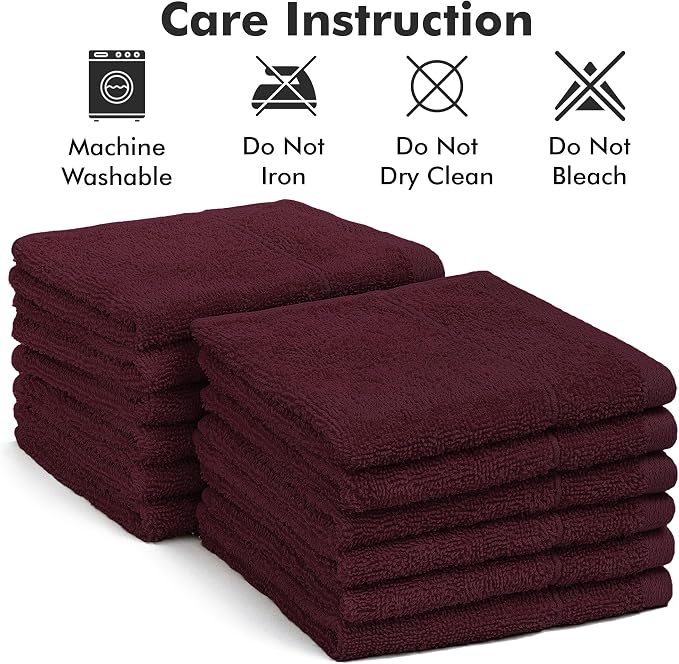 Face Towels Pack of 12 – 100% Cotton Wash Cloths (12x12 inch) – 550 GSM Soft, Quick Dry & Highly Absorbent Ring Spun Cotton Towels for Bathroom, Spa, Gym, Kitchen and for Daily Use - (Burgundy)