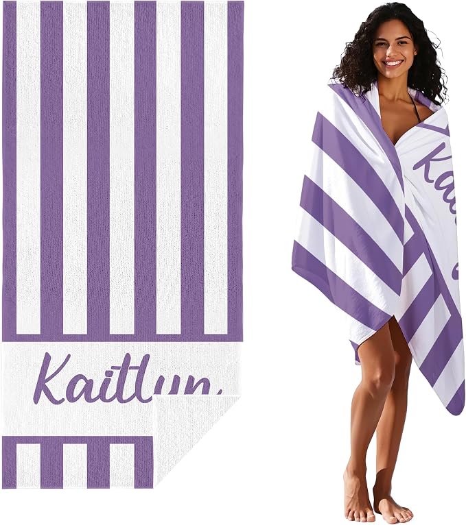 JML Personalized Beach Towel with Name, Custom Cabana Stripe Beach Towel, Customized Microfiber Pool Towel, Quick Dry & Absorbent Swim Towel for Adult,Anniversary, Birthday, Summer Holiday,Vacation