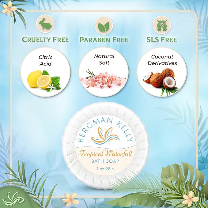 BERGMAN KELLY - Hotel Soap Bars in Bulk - Tropical Waterfall, 1 oz, 200 PK - Small Individually Wrapped Round Soap - Travel Size Mini Toiletries for Airbnb, Motel, Guest Bathroom