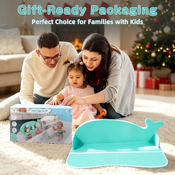 MCGMITT Bathtub Splash Guard, 2PCS Silicone Bath Shelf for Kid, Bath Toys Storage with 130 Suction Cups & Storage Mesh Pockets, Whale Foldable Toddler Bath Tray Tub Water Blocker, Prevent Water Spills