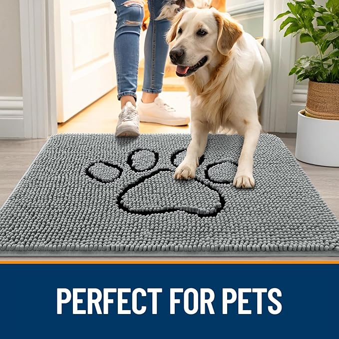 OLANLY Dog Door Mat for Muddy Paws 70x35, Paw Print Design, Absorbs Moisture and Dirt, Absorbent Non-Slip Washable Doormat, Quick Dry Chenille Mud Mat for Dogs, Entry Indoor Entryway Carpet, Grey