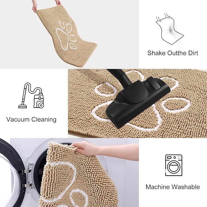 Smiry Dog Door Mat for Muddy Paws, Absorbent Dirt Trapper Non Slip Quick Dry Washable Chenille Mat for Mud Dogs, Entry Rug for Indoor and Outdoor (34x21 Inches, Beige and White)