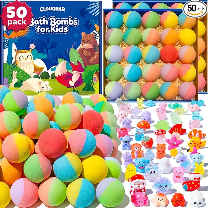 50 Pack Bath Bombs for Kids with Surprise Inside, Some Glow-in-The-Dark Toys, Natural Kid-Safe Handmade Fizzy Bath Balls, Fun Gift Set for Boys & Girls, Great for Christmas or 2025 Advent Calendar