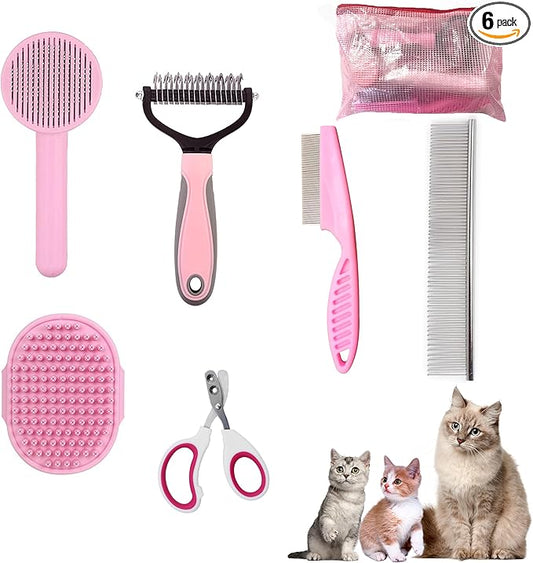Cat Grooming Brush Kit 6 Tools - Deshedding & Dematting for Long/Short Hair, Self-Cleaning Slicker Brush with 6-in-1 Flea Comb for Cats & Kittens (Pink)