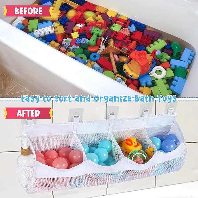 Large Bath Toy Storage, 4 Compartment Quick Drying Mesh Bath Toy Organizer with 5 Hooks, Easy Access and Sorting Large Capacity Corner Bathroom Storage, Multi Use Holder (White)