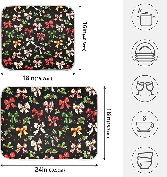 Christmas Bow Berries Dish Drying Mat, Absorbent Drainer Mats for Kitchen Counter Coffee Maker 24"x18"