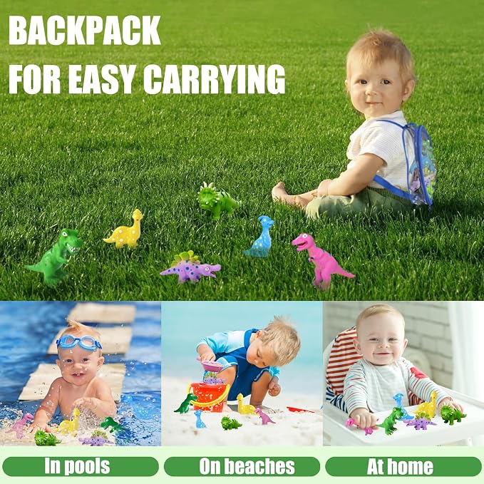 Dinosaur Bath Toys for 18 Mon, 6 Pcs Mold Free Dino Bath Toy for Toddler 1-3, Soft Rubber Baby Bathtub Shower Water Table Pool Toys with Mesh Organizer & Backpack, Exquisite Box Gifts for Boys Girls