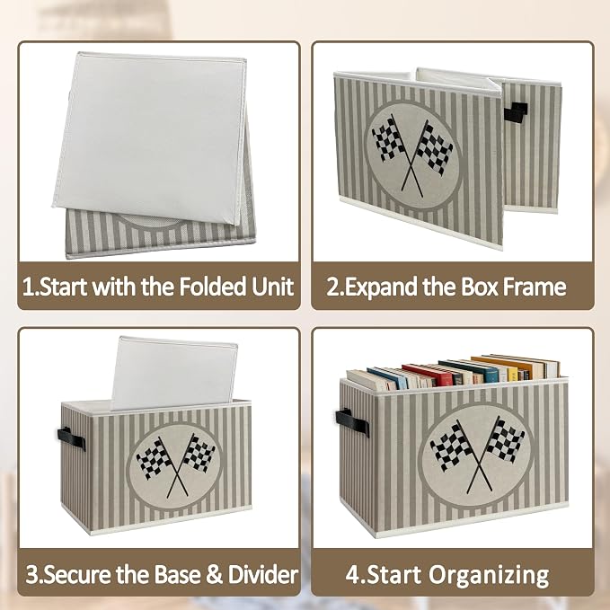 Race Car Boy Nursery Foldable Storage Bins Box with Handles, Neutral Striped Race Car Collapsible Organizer Basket for Kids Boys Bedroom Bathroom Playroom Clothes Books