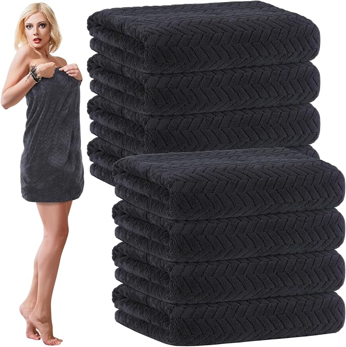 SmoothNovelty 8 Pack Microfiber Bath Towels Bulk 27'' x 60'' Oversized Bath Towel Highly Absorbent Extra Large Shower Sheets Soft Drying for Beach Pool Bathroom Salon Party(Black)