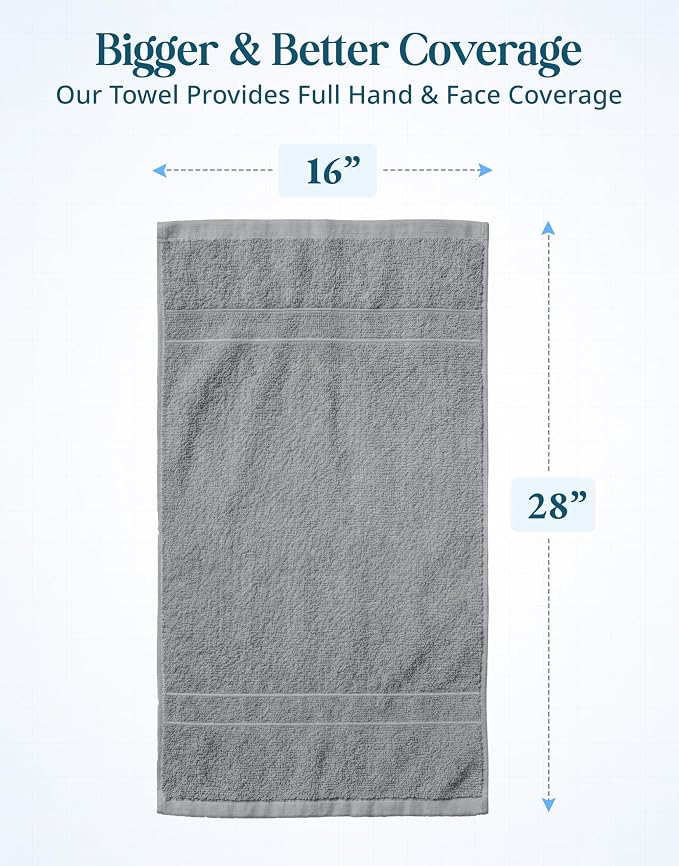 CASA PLATINO Hand Towels for Bathroom - 6 Pack (16"x28"), 100% Cotton Face Towel Set - Soft, Fade & Shrink Resistant - Hotel & Spa Inspired Hand Towels for Bathroom for Modern Family Homes - Cool Grey