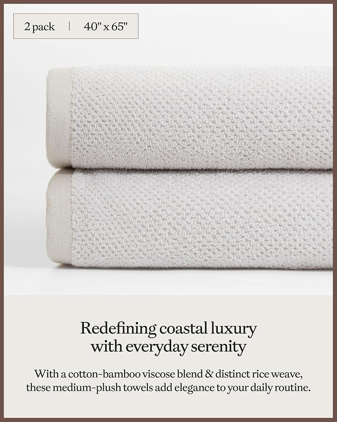 Cozy Earth Nantucket 60% Cotton 40% Viscose from Bamboo Bath Sheet - 600 GSM Plush & Fast-Drying with Rice Weave Pattern - 2 Pack 40" x 65" Luxury Bath Sheet - Light Grey